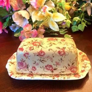 Vintage Shabby Nasco Rose Garden Lidded Butter Dish